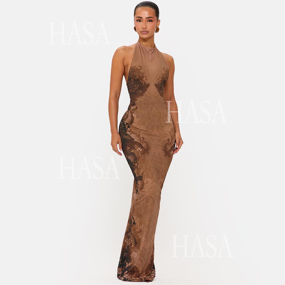 HASA HS6768 Elegant Open Back Slim Fit Maxi Dress