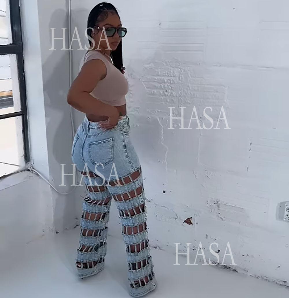 HASA HS6778 Statement High Waist Denim Pants with Cutout Leg Detail