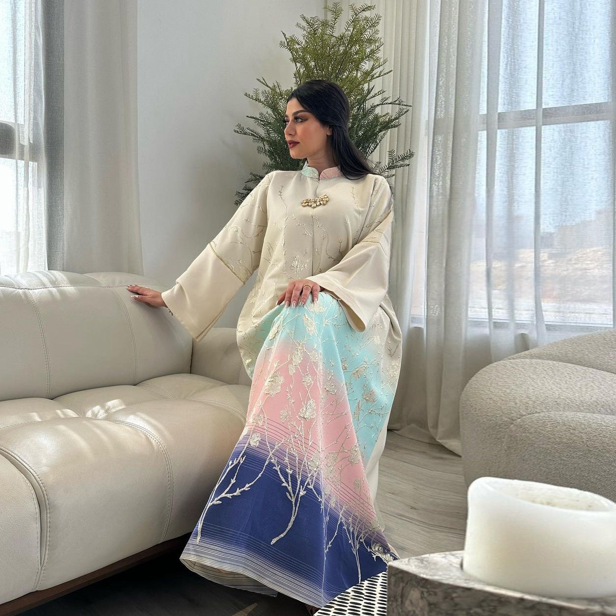HS6645 Jacquard Embroidered Gradient Robe with Elegant Layered Design