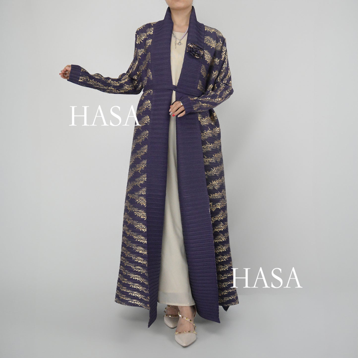 HS5838 Gold-stamped Pleated Long Cardigan with Belt