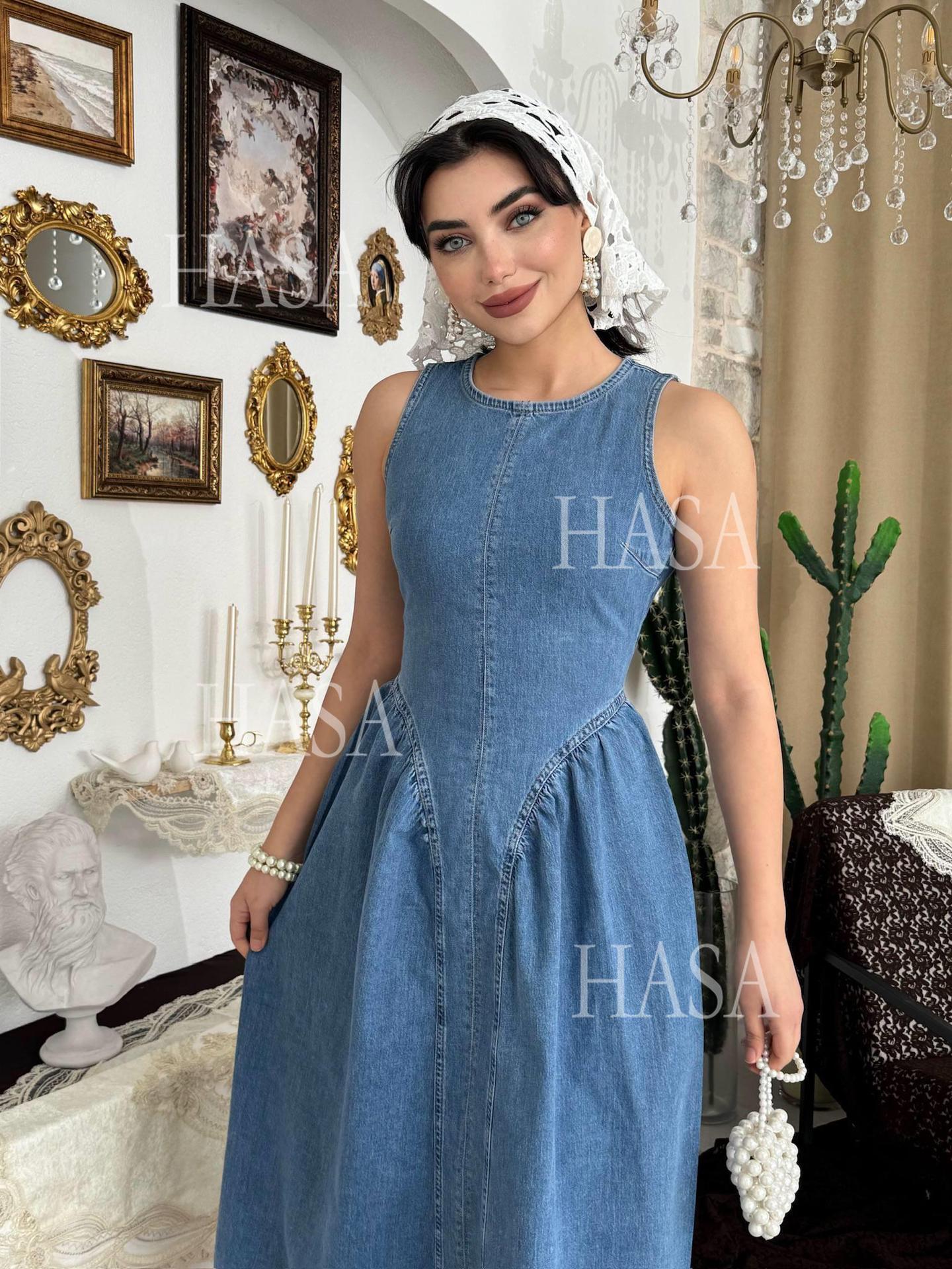 HASA HS6787 Vintage Inspired Light Blue Denim Dress with Full Skirt