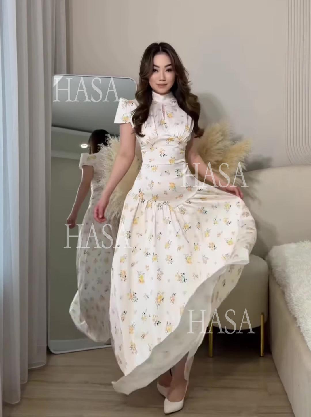 HS6739 Vintage Blue Floral Maxi Dress  High Neck Flowy Long Dress