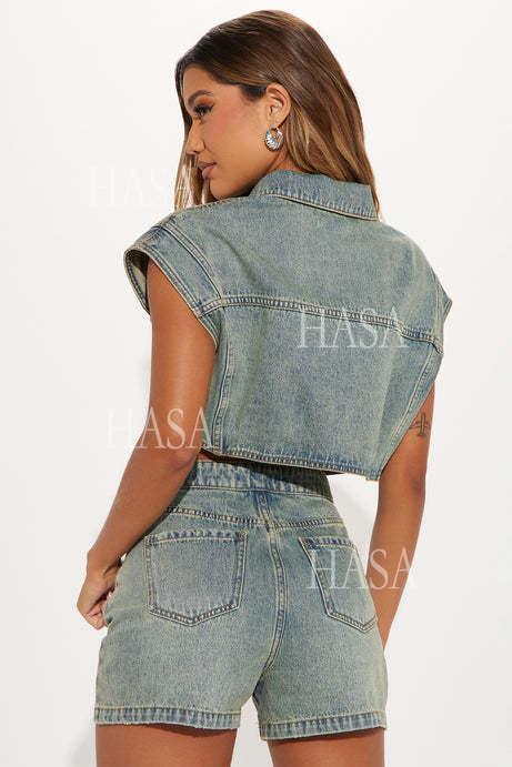 HASA HS6275 Cool Streetwear Denim Two Piece Shorts Set with Cropped Top