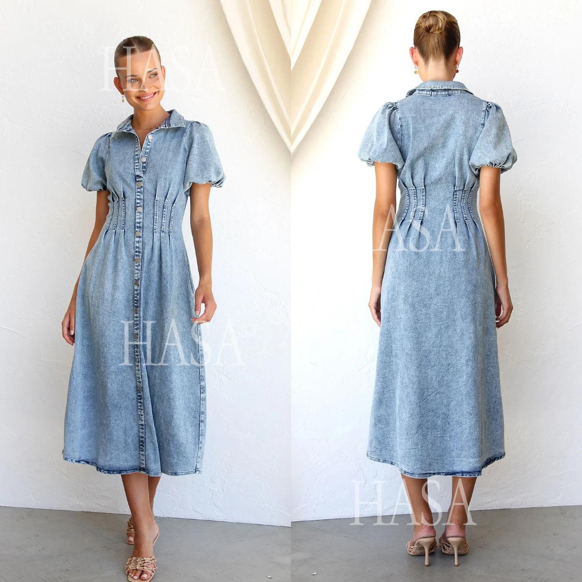 HASA HS6797 Elegant Puff Sleeve Denim Maxi Dress