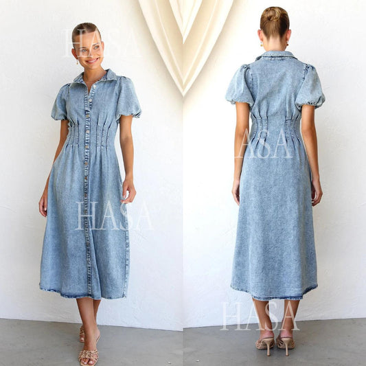 HASA HS6797 Elegant Puff Sleeve Denim Maxi Dress