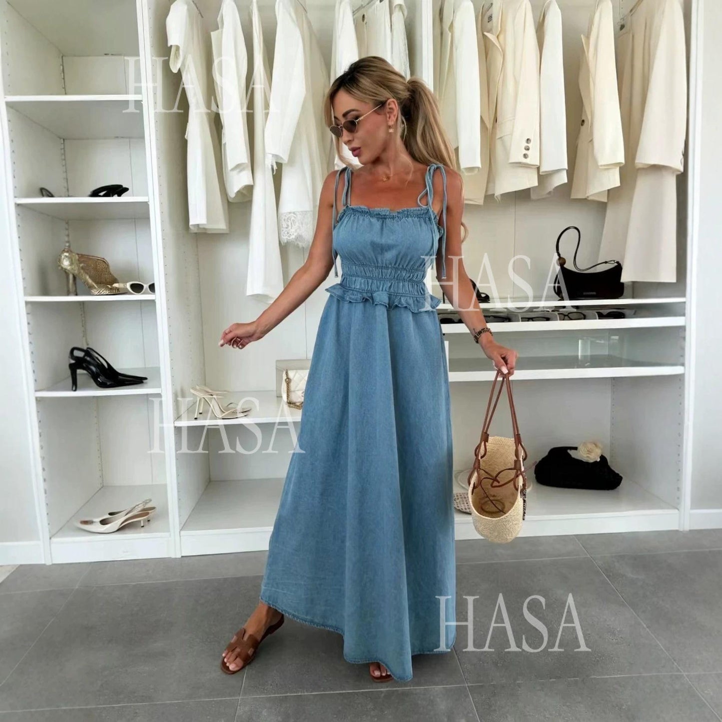 HASA HS6790 Chic Sleeveless Denim Maxi Dress with Flowy A Line Skirt