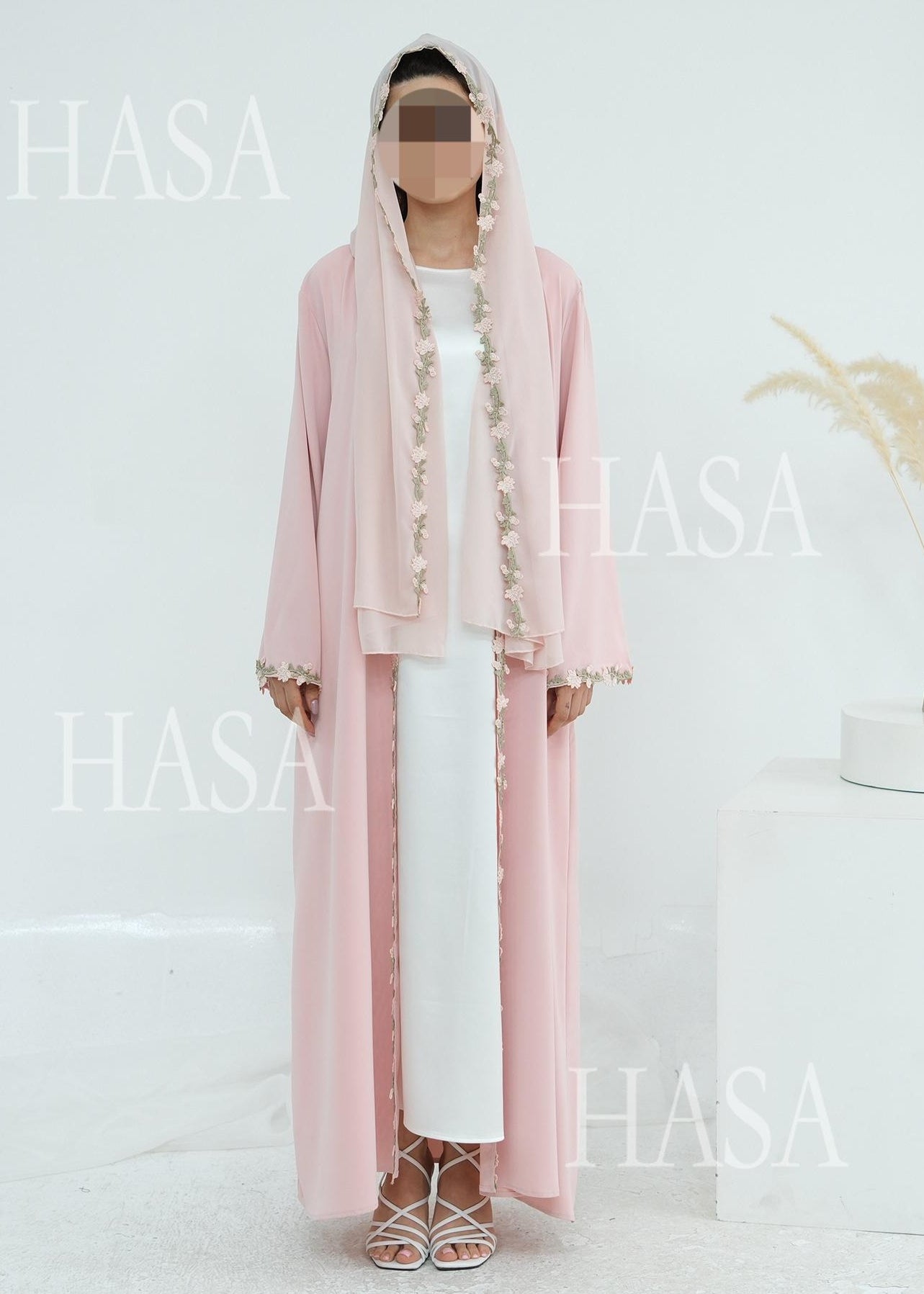 HS6618 Pink Flower Stitching Cardigan Two-Piece Set (Including Headscarf)