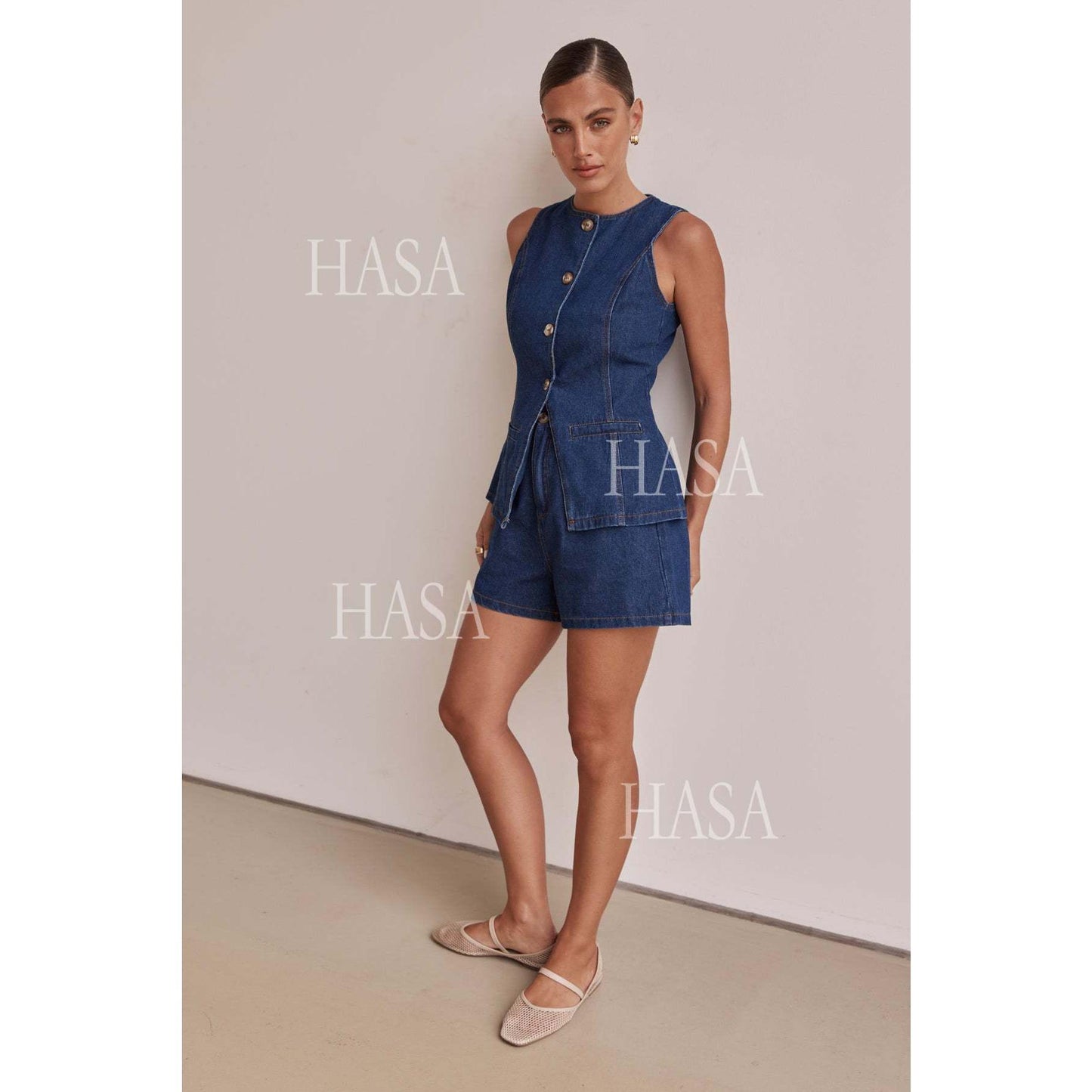 HASA HS6097 Women’s Button Front Denim Top with Matching Shorts