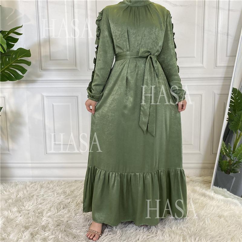 HS6591 Solid Color Turtleneck Long Sleeve Dress with Pleated Waistband