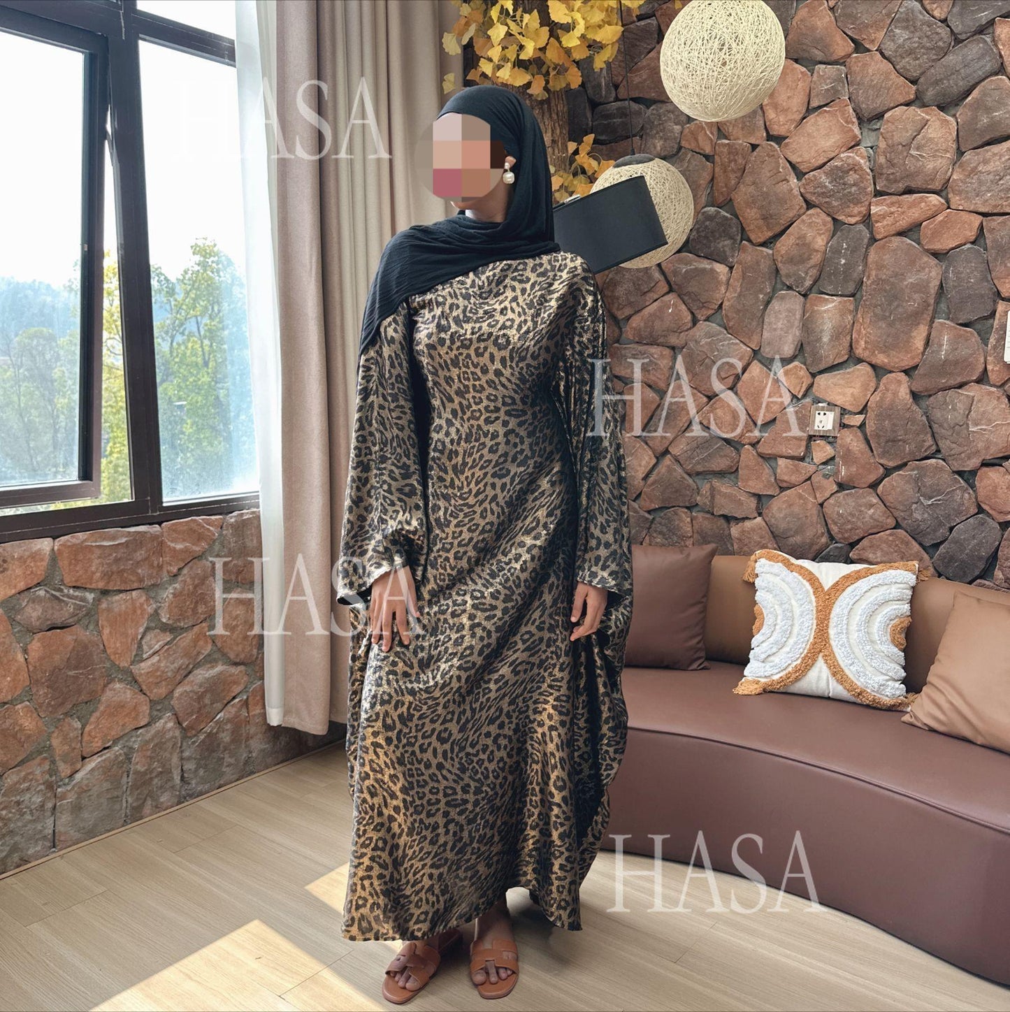 HS6469 Flowing Batwing Sleeve Leopard Maxi Dress (without Headscarf)