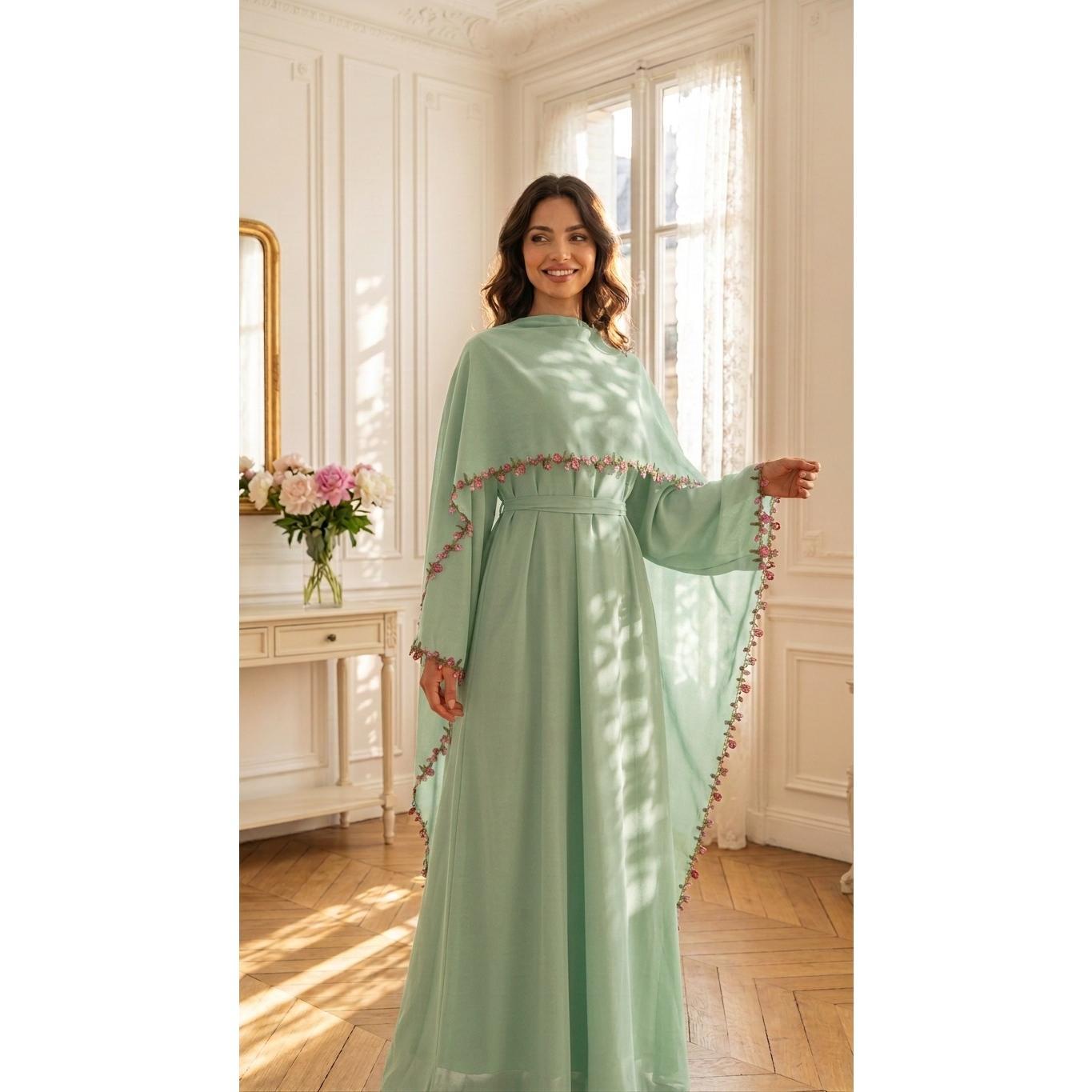 HASA HS6814 Loriya Pink Lace Stitching Two-piece Dress + Headscarf