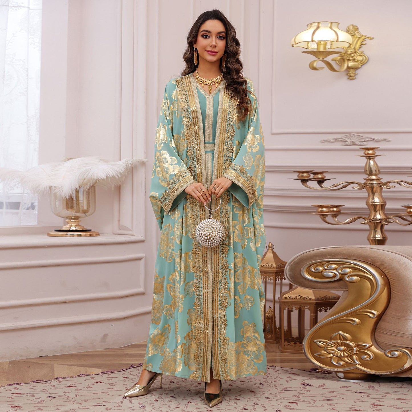 HS6643 Two-piece robe dress with gold foil stamping