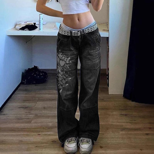 HS6382 Street Style Women's Clothing Irregular Printing Loose Trousers Low Waist Folds Washed for Old Multi-colored Jeans