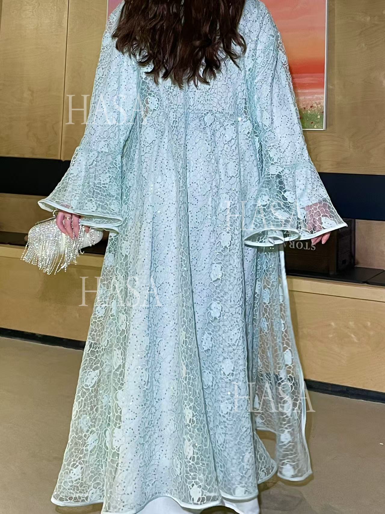 HS6488 Two-piece long dress with flared sleeves and lace sequined cape