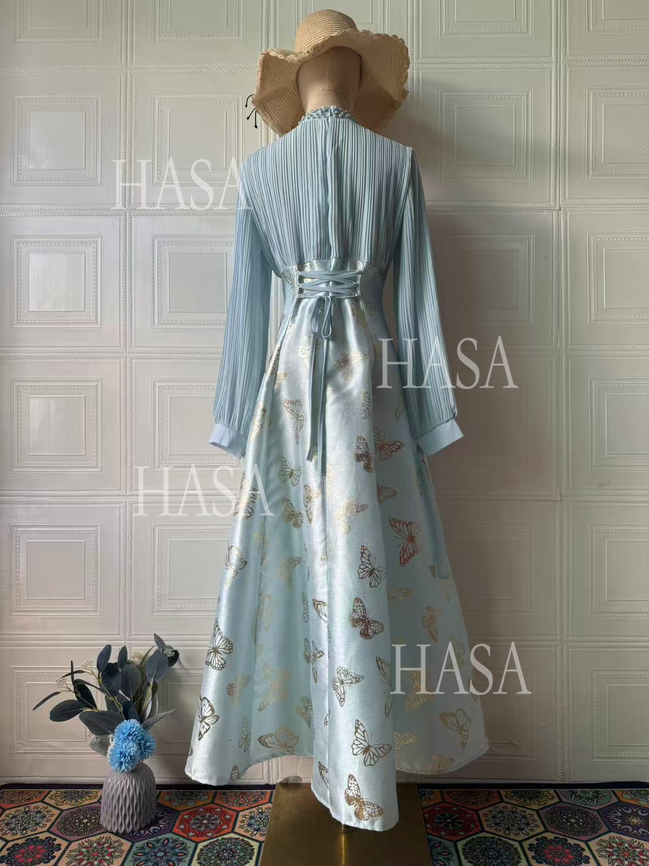 HS6734 Flowy Feminine Maxi Dress with Embroidered Butterfly Design