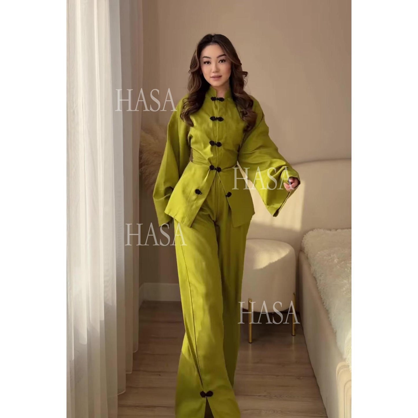 HS6738 Chic Long Sleeve Matching Set with Flowy Pants
