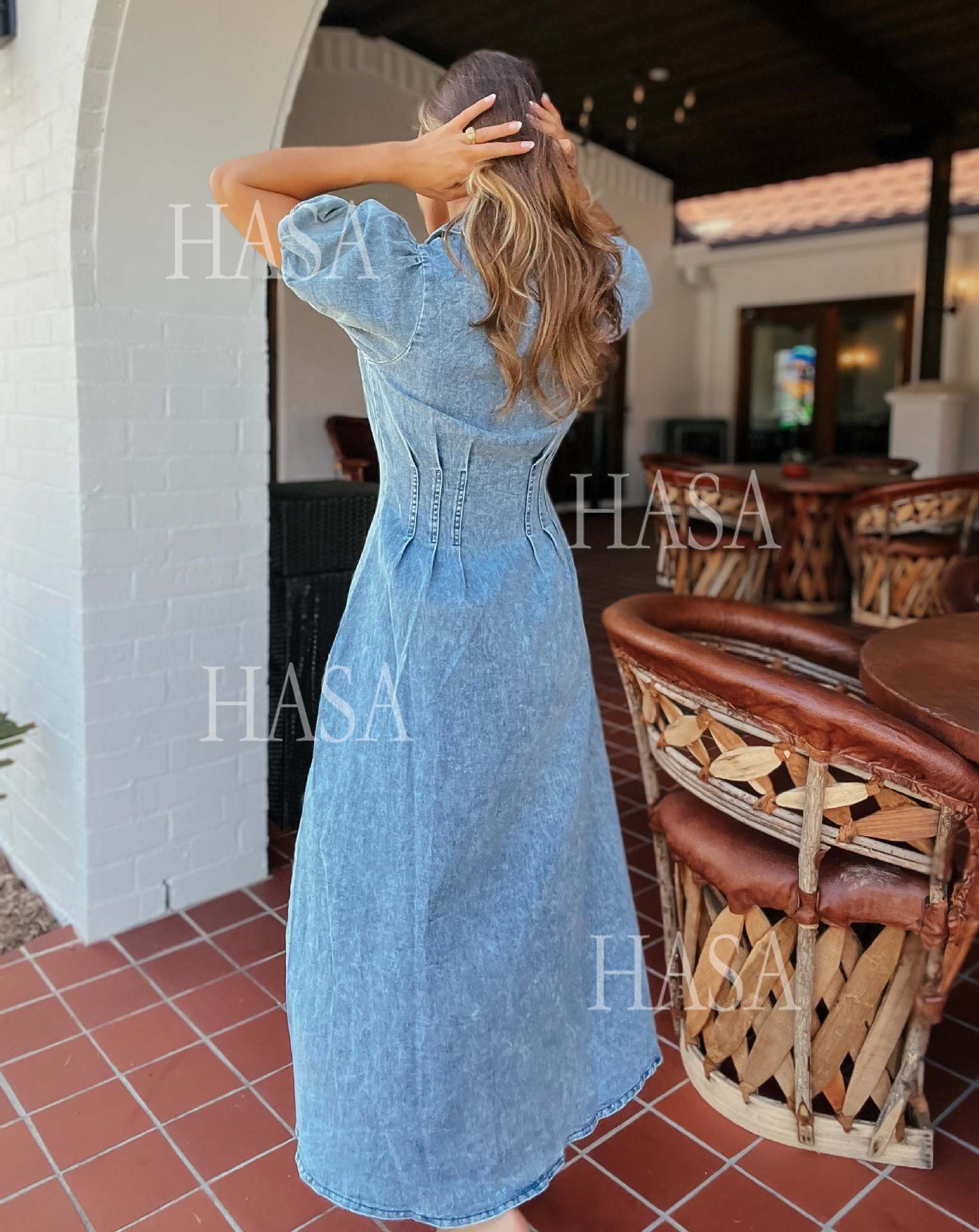 HASA HS6797 Elegant Puff Sleeve Denim Maxi Dress