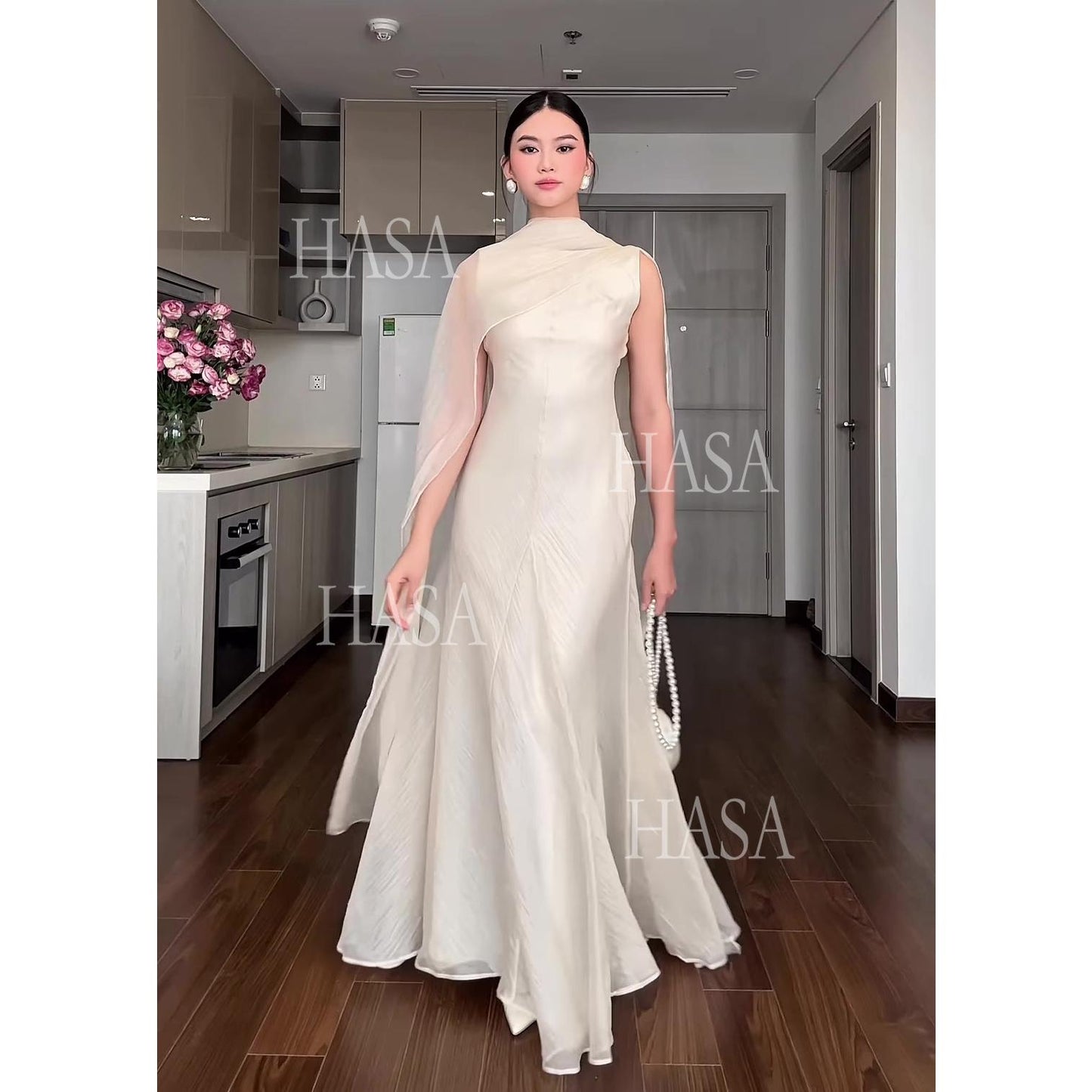 HS6742 Luxury High Neck Cape Dress Flowy Floor-Length Evening Maxi Gown