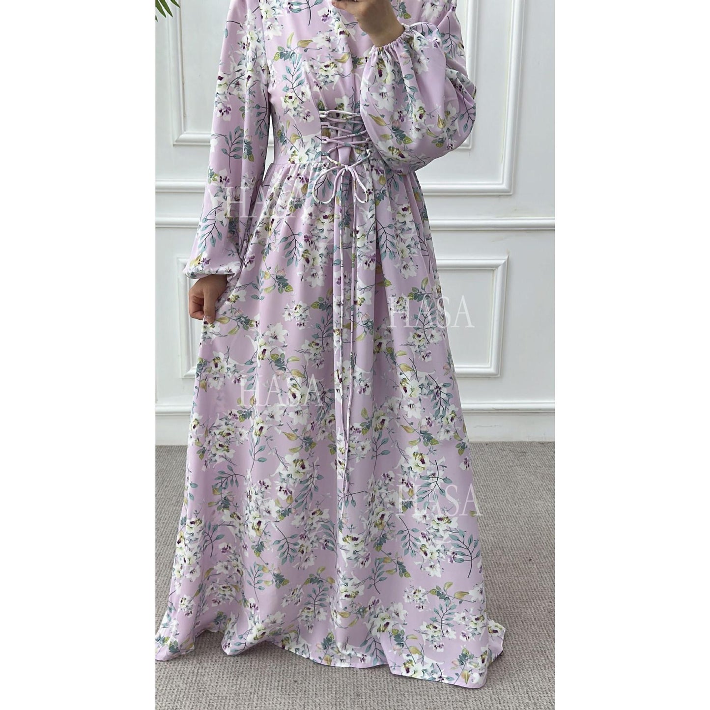 HS6489 Long-sleeved Floral Maxi Dress with Natural Waist
