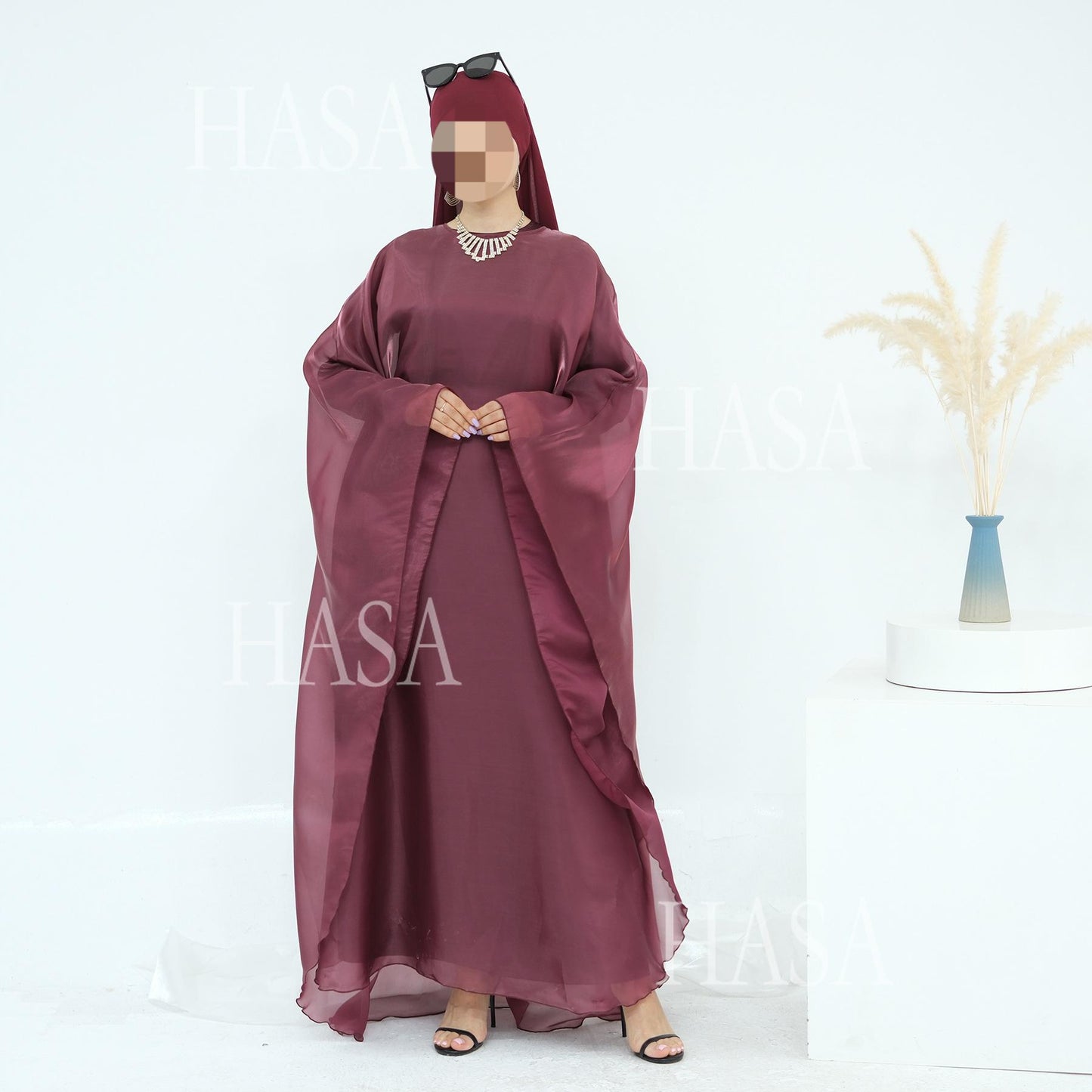 HS6524 Elegant two-piece solid-color robe and dress with optional headscarf