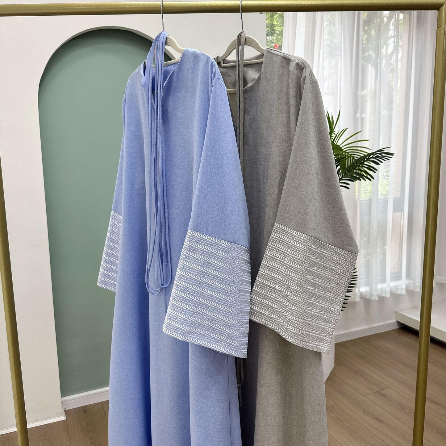 HS6490 Embroidered Panel Sleeve Long Dress
