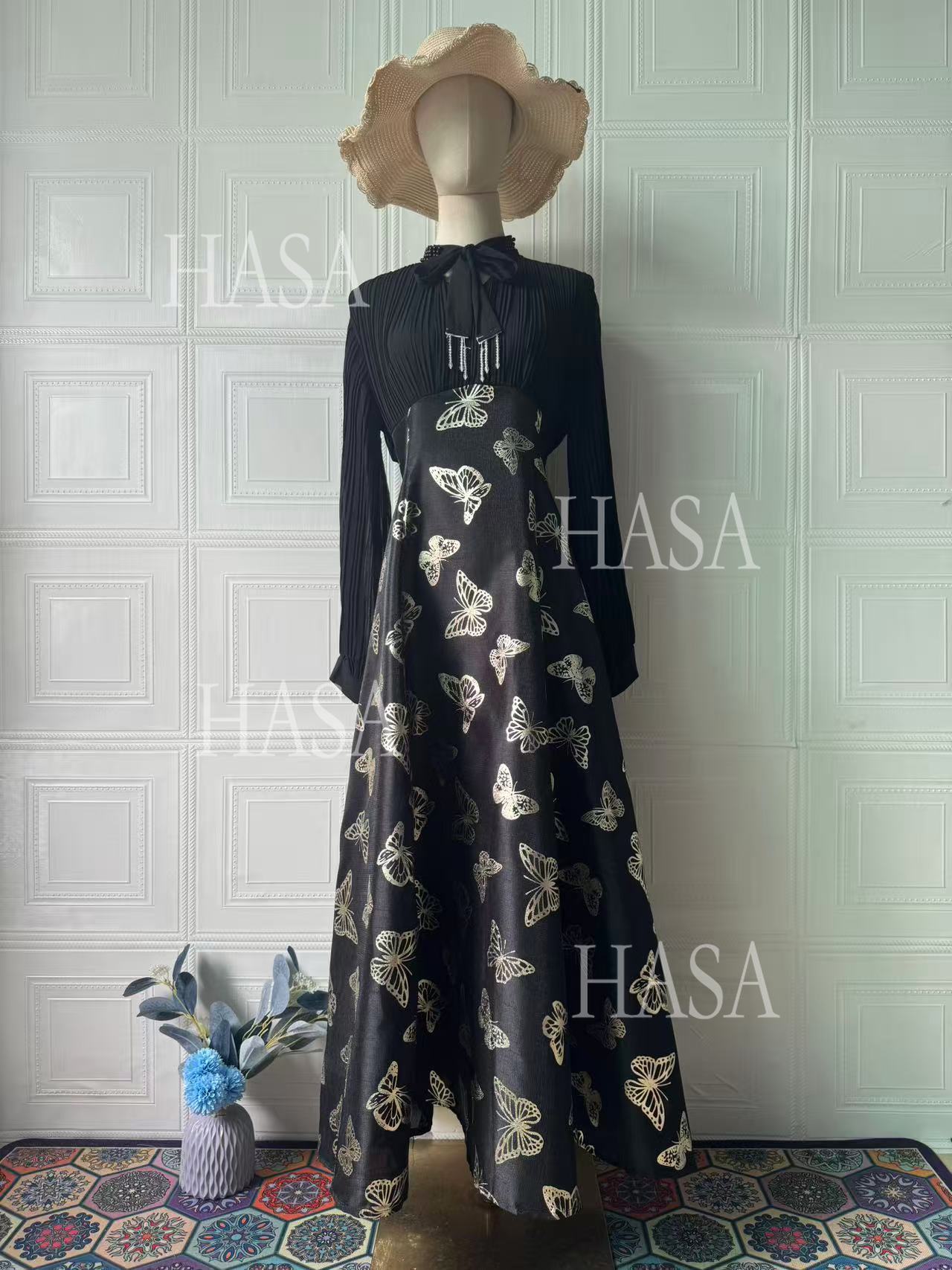 HS6734 Flowy Feminine Maxi Dress with Embroidered Butterfly Design