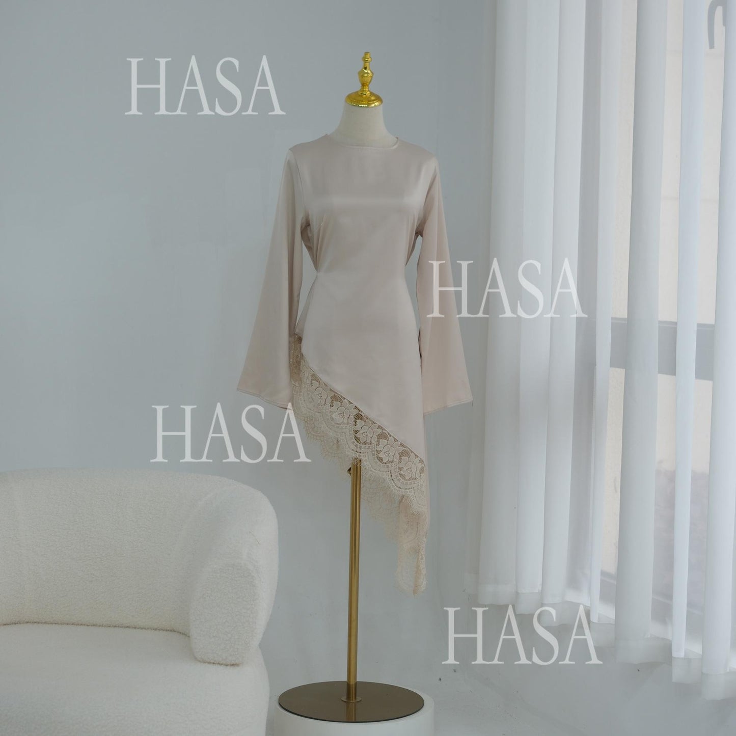 HASA HS6784 Soft Luxury Asymmetric Modest Top with Lace Detail