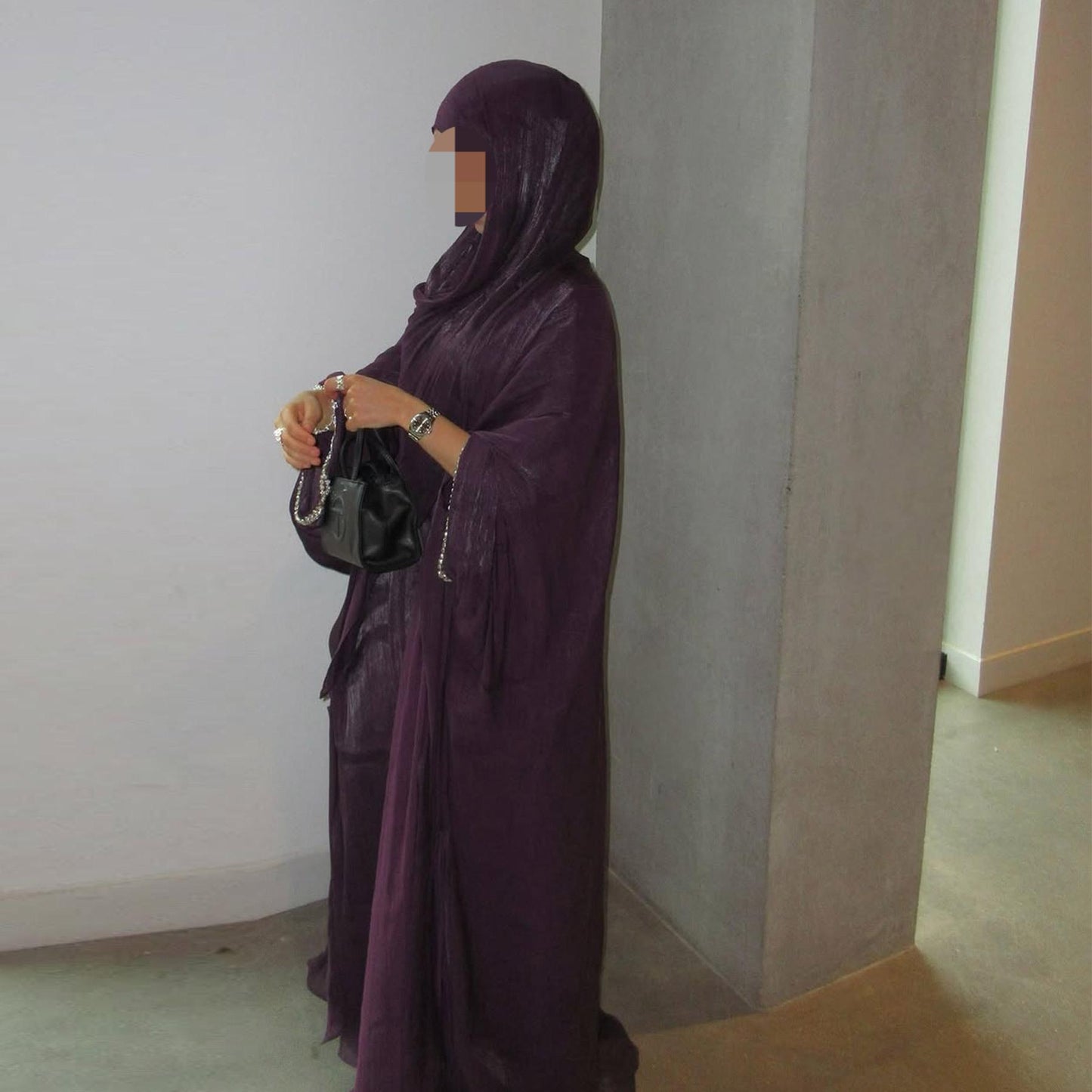 HS6553  Two-Piece Solid Abaya with Beaded Details and Matching Scarf Option
