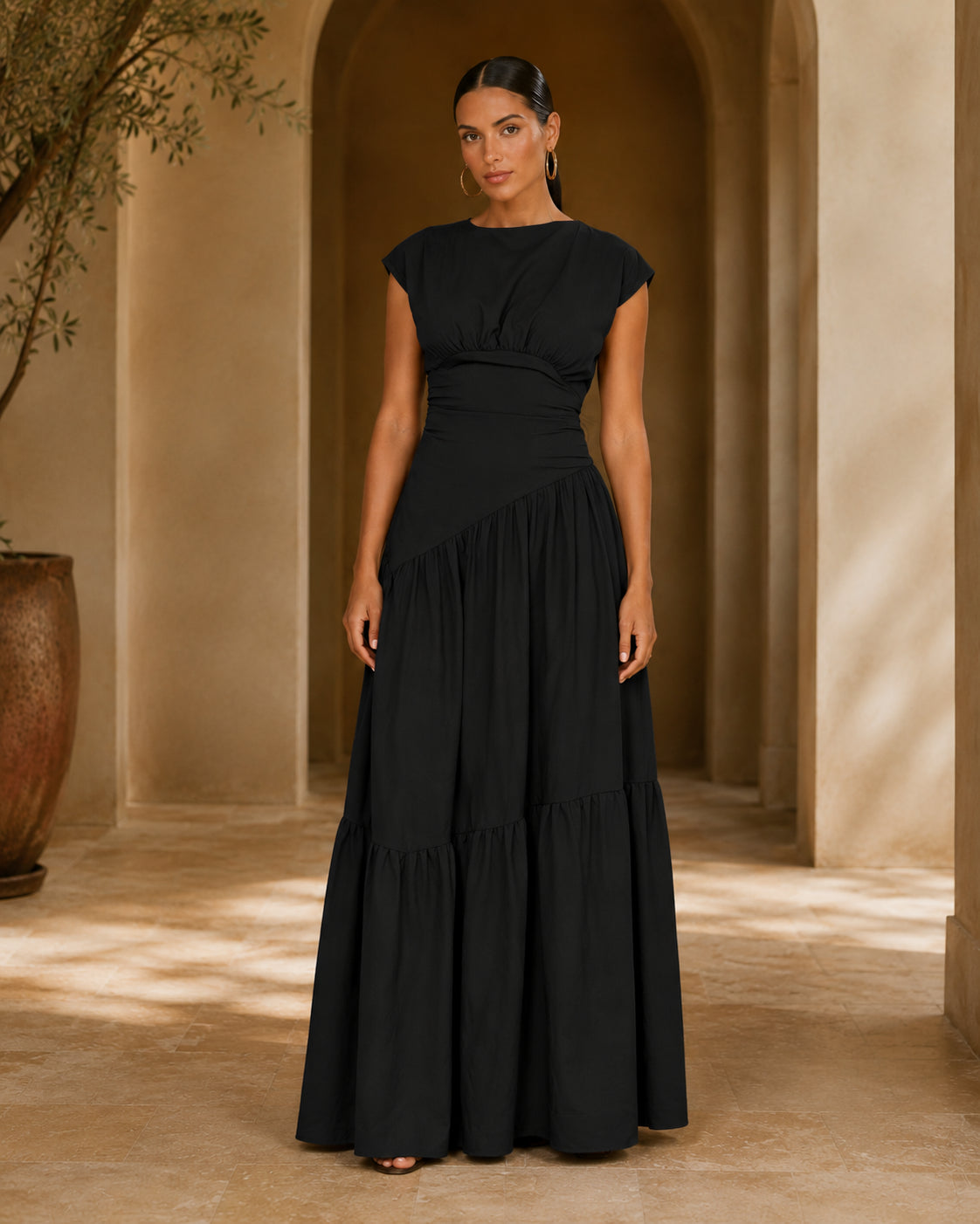 HS1641 Women's Sleeveless Pleated Loose Fit Maxi Dress
