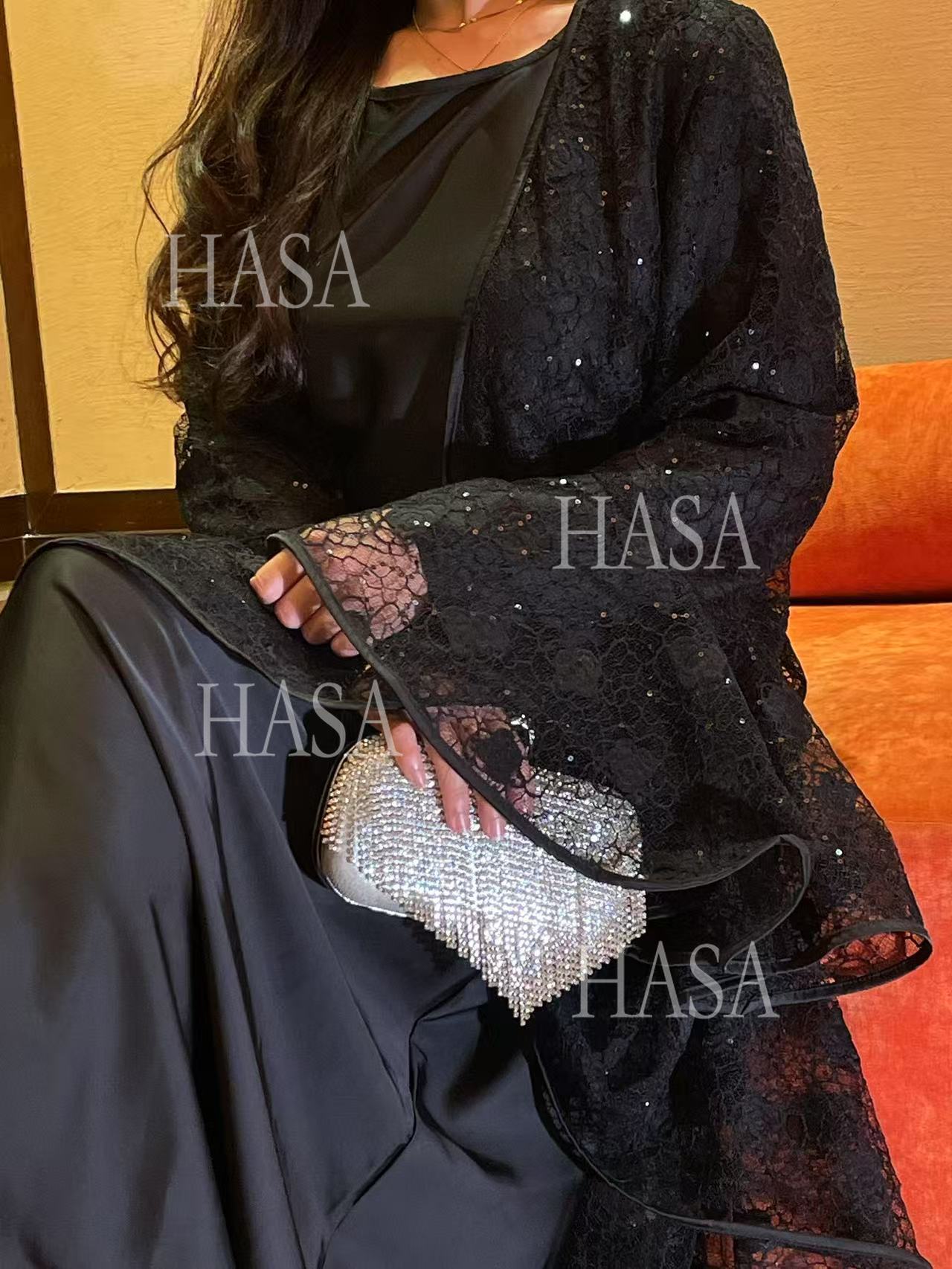 HS6488 Two-piece long dress with flared sleeves and lace sequined cape