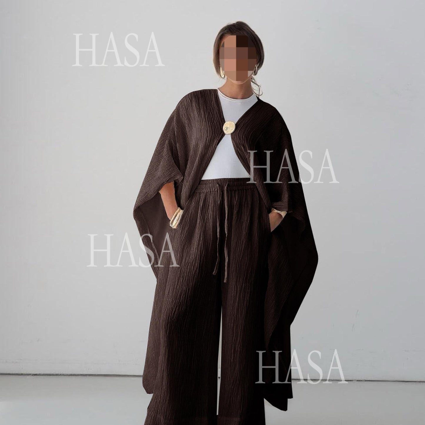 HS6486 Simple Cardigan with Wide-leg Pants, Solid Color Daily Two-piece Suit
