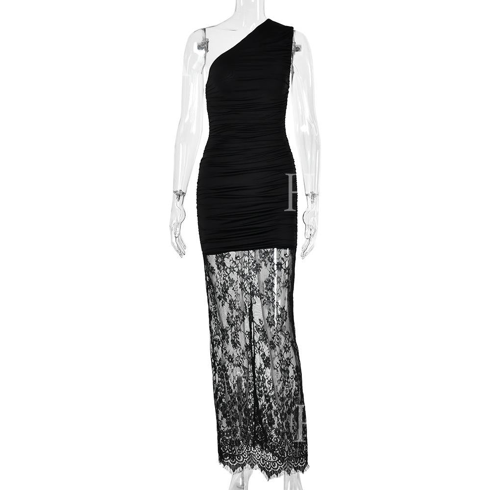 HASA HS6772 Slim Fit One Shoulder Mesh Lace Evening Dress