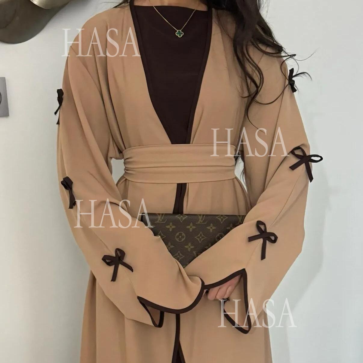 HS5883  A Two-piece Robe and Skirt Set with A Soft Bow and A Belt Design open abaya outfit