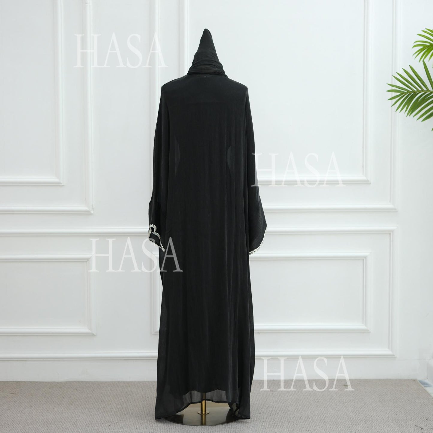 HS6553  Two-Piece Solid Abaya with Beaded Details and Matching Scarf Option