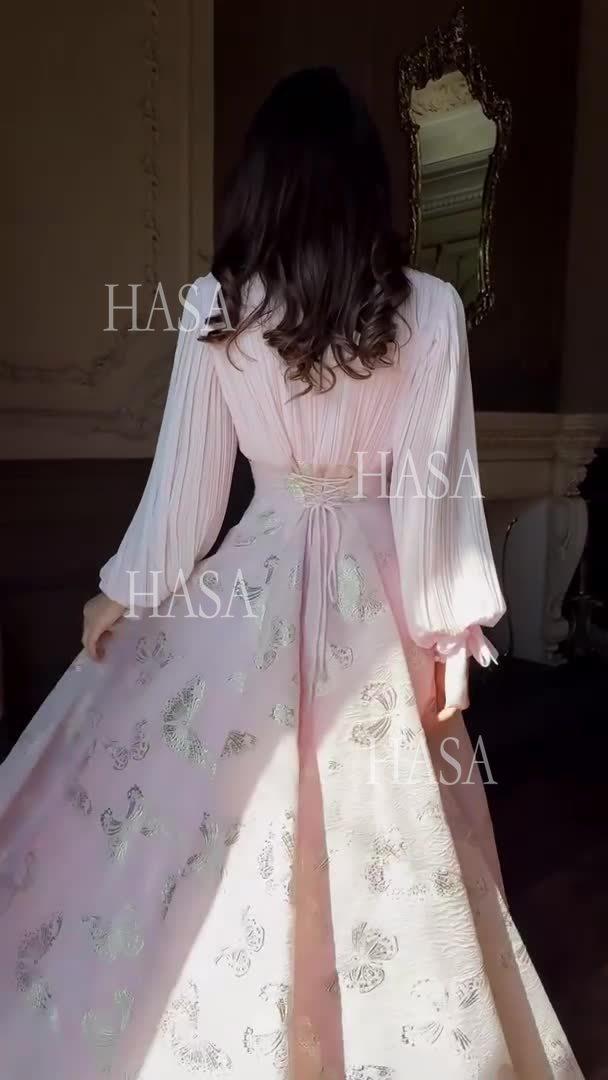 HS6734 Flowy Feminine Maxi Dress with Embroidered Butterfly Design