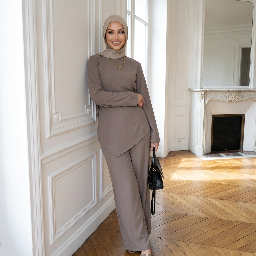 HS6614 Modest Nida Two-Piece Set with Waist Tie & Pocket Trousers