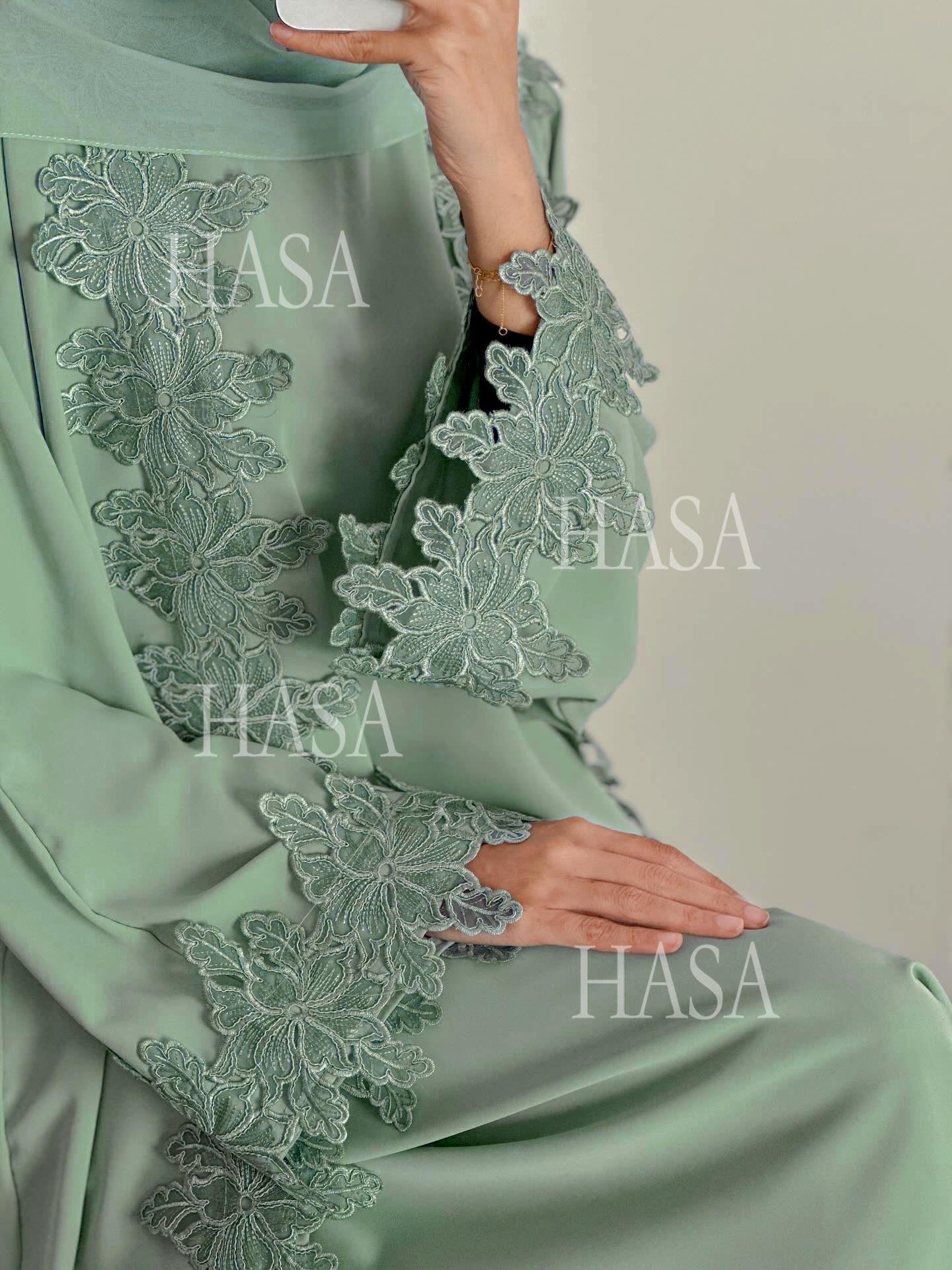 HASA HS6780 Chic Floral Embroidered Open Abaya Two Piece Outfit