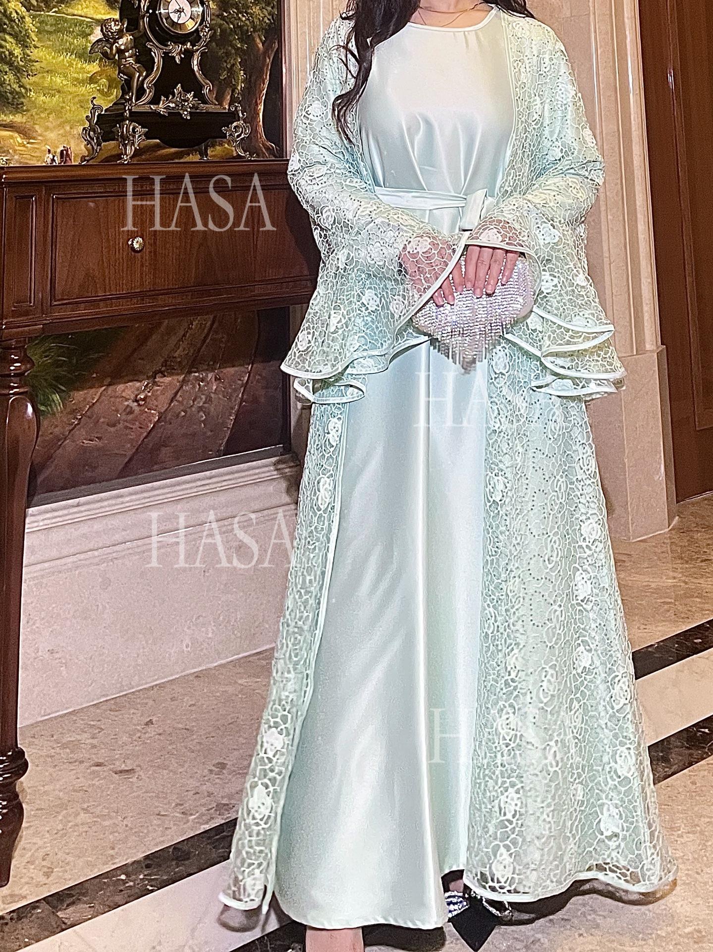 HS6488 Two-piece long dress with flared sleeves and lace sequined cape