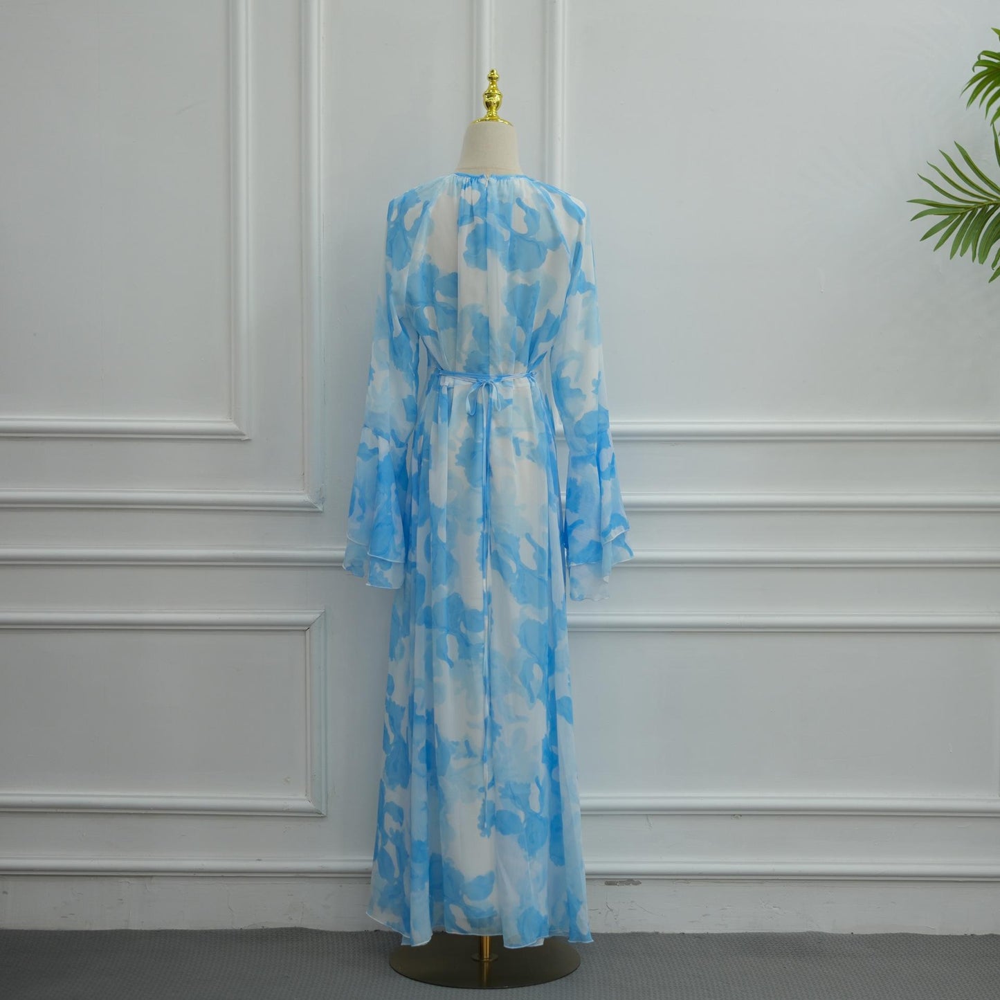 HASA HS6811 Chiffon Floral Maxi Dress Flare Ruffle Sleeve Elegant Long Dress for Women Daily Party Wear