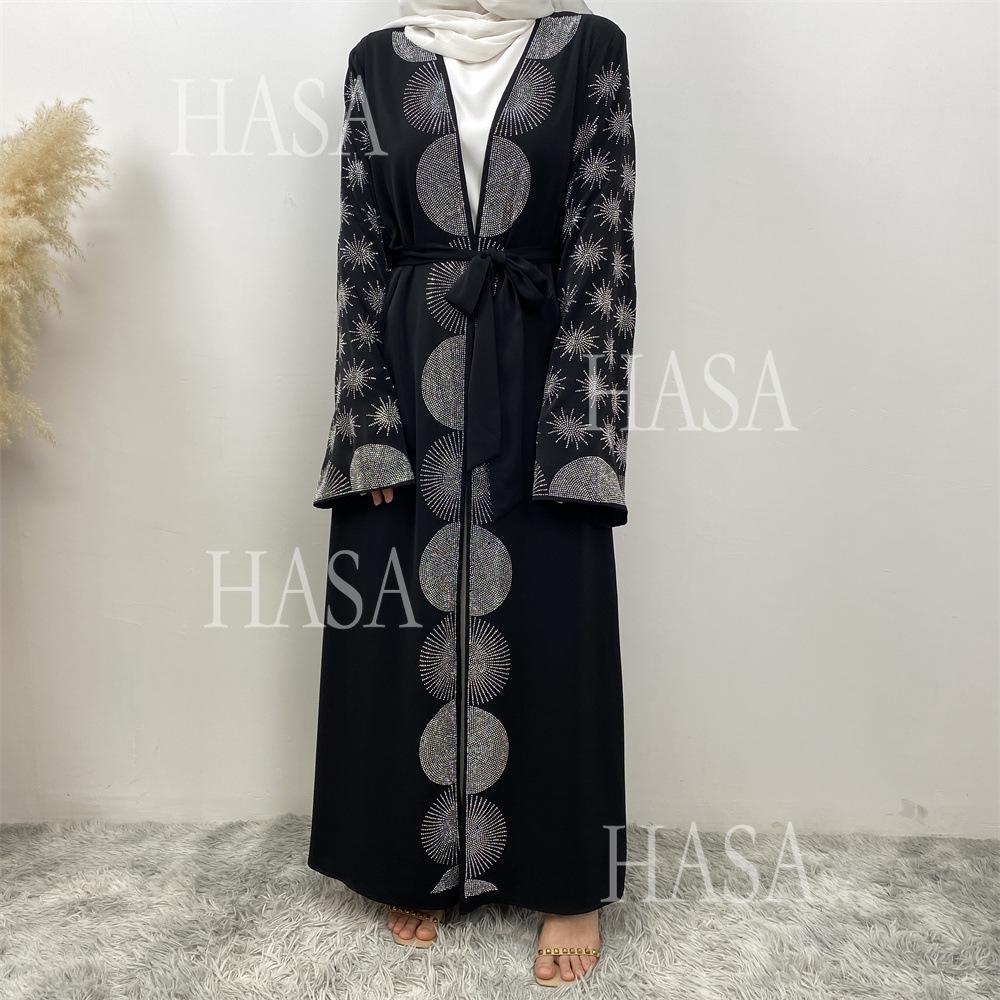 HS6588 Black Cardigan Dress with Rhinestone Embellishment and Pockets