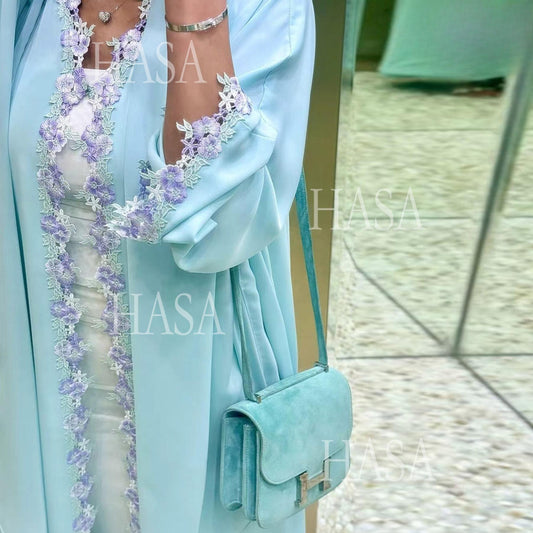 HS6562 Blue Bow Embroidered Abaya Tunic Cardigan