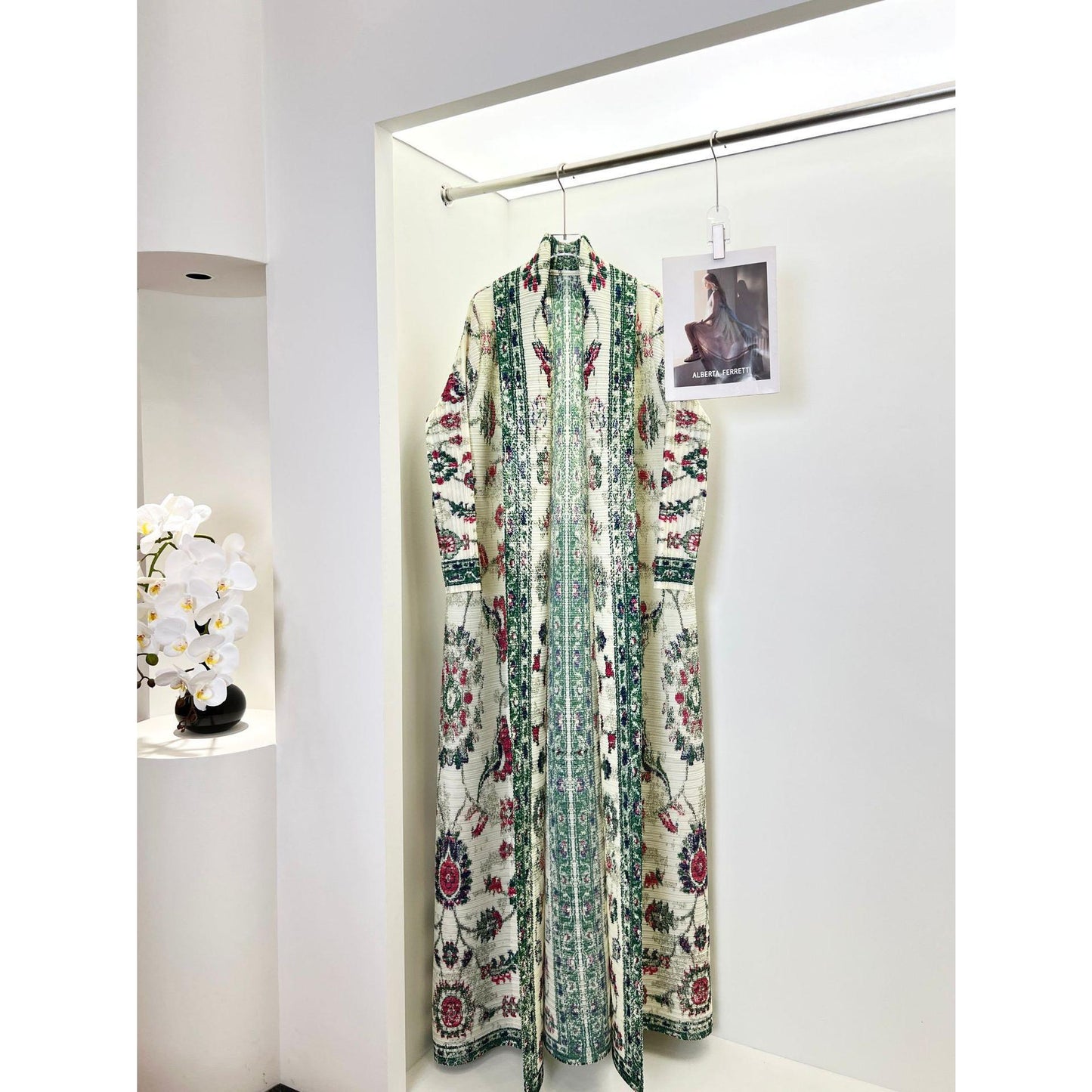 HS6722 Porcelain Dreams  White Abaya with Green & Red Floral Prints