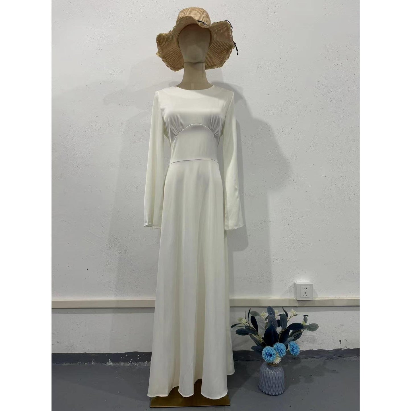 HASA HS6757 Classic Round Neck Flowy Maxi Dress