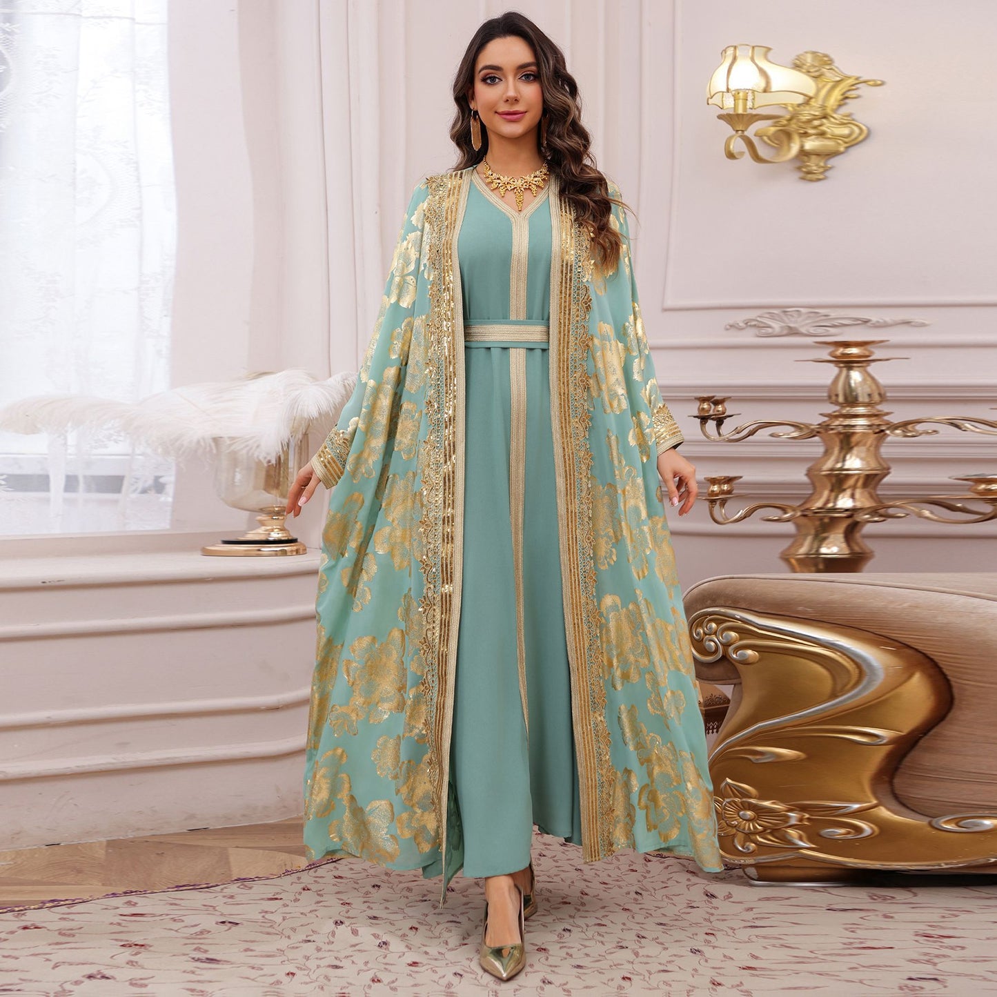 HS6643 Two-piece robe dress with gold foil stamping
