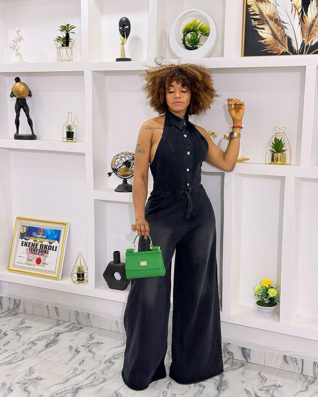 HS6354 Lapel Collar Single-breasted Backless Denim Jumpsuit