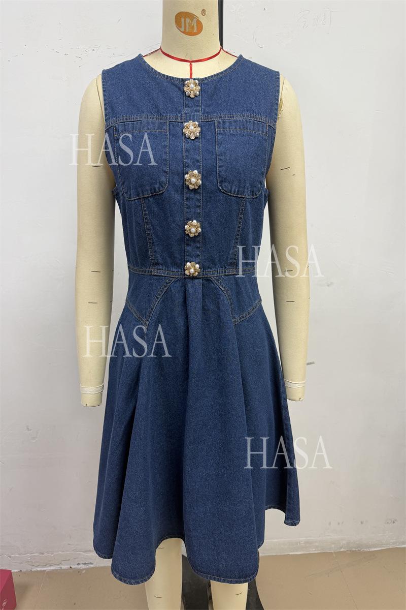 HASA HS6791 Chic Button Front Denim Mini Dress with Flowy Flared Skirt
