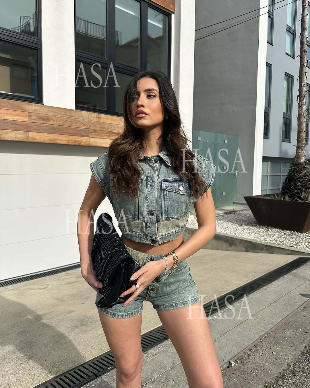 HASA HS6275 Cool Streetwear Denim Two Piece Shorts Set with Cropped Top