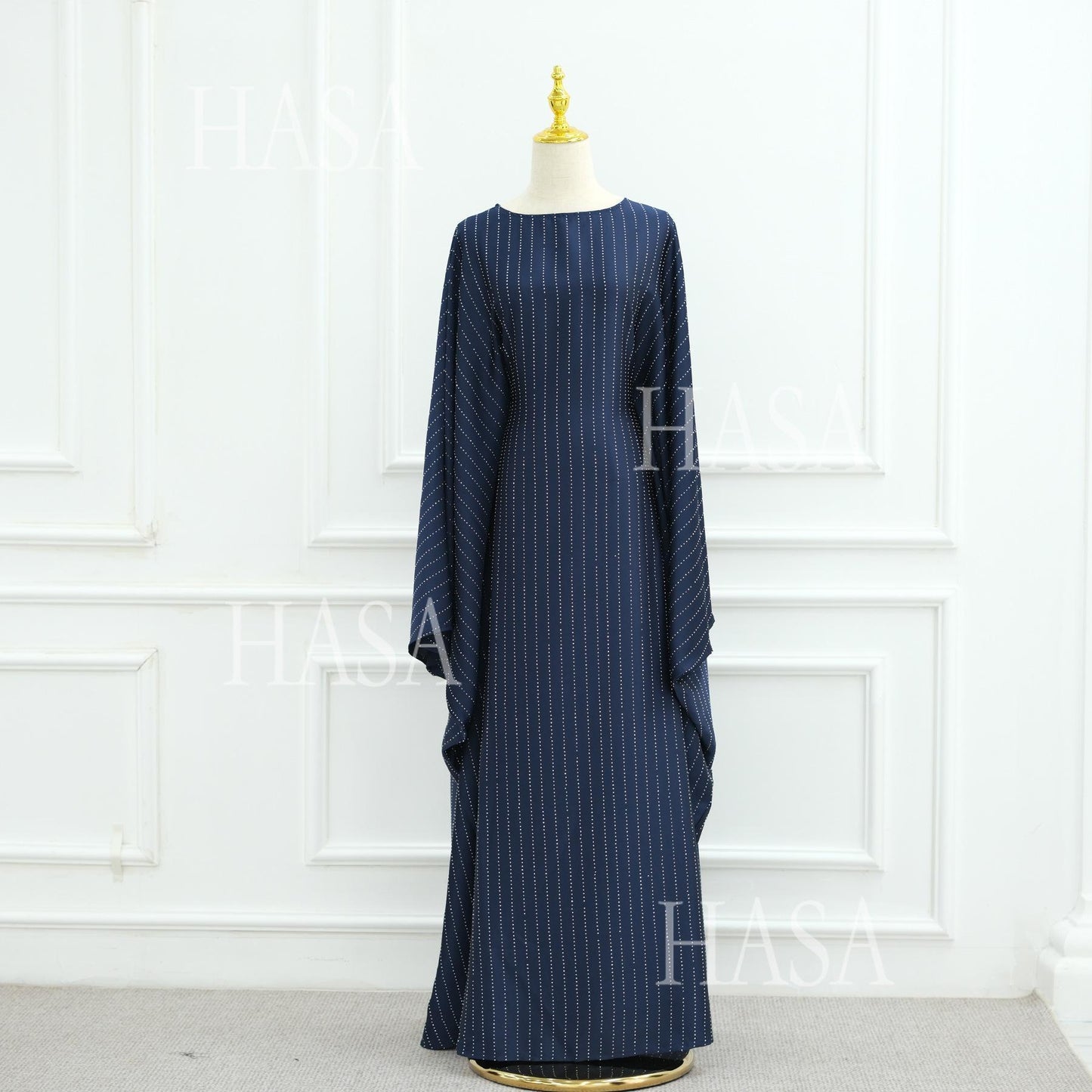 HS6483 Drape Rhinestone Gown with Simple Wide Sleeves