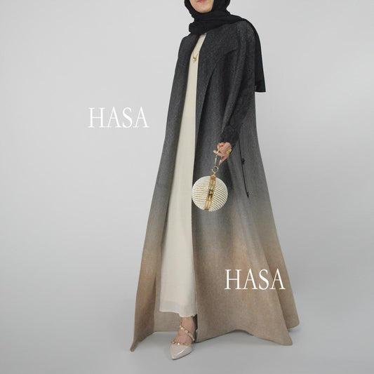HASASERIES HS6159 Ombré Pleated Abaya with Lapel Collar & Button Closure