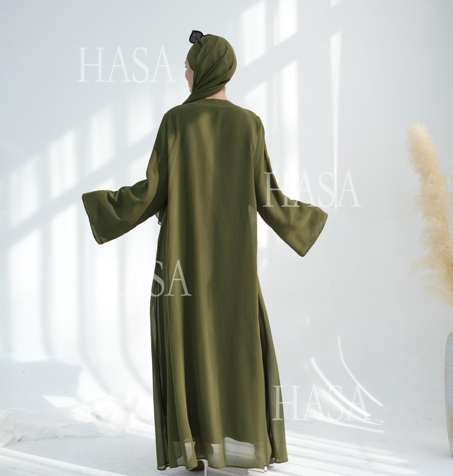 HS6513 Double-layered sleeve chiffon cardigan two-piece robe abaya (headscarf not included)